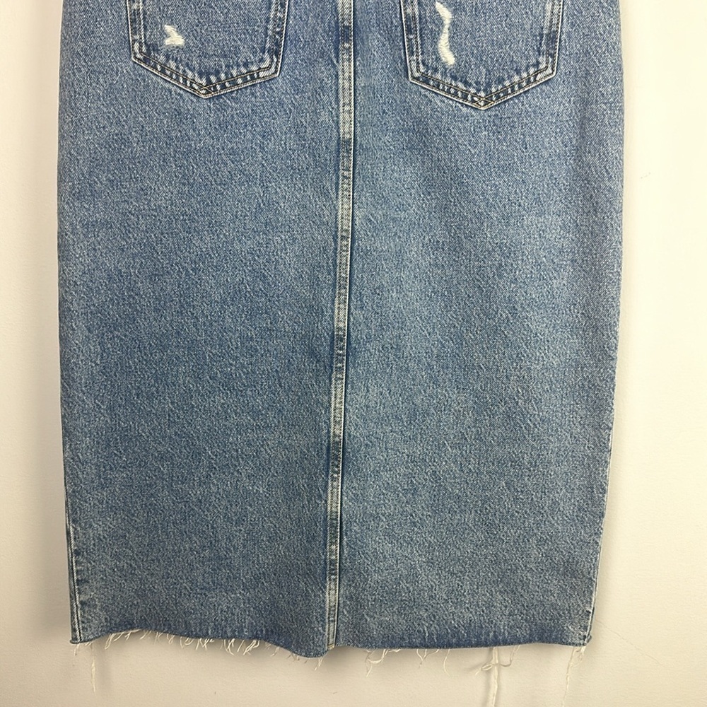 Zara Midi High Waisted Denim Skirt Blue Cotton Size M Distressed Split Front Hem - Picture 14 of 16